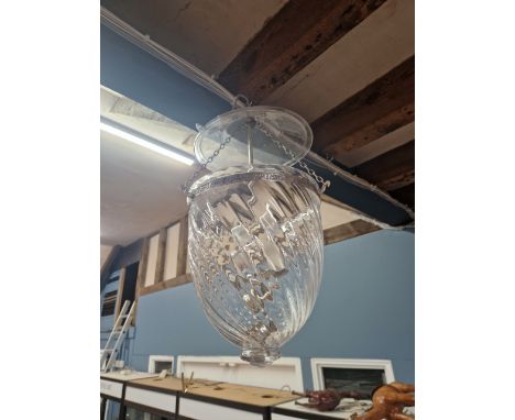 A THREE SOCKET CEILING LIGHT IN A CLEAR GLASS BOWL AND SHADED BY AN ORIENTAL STRAW HAT SHAPE.   Dia. 32cms.