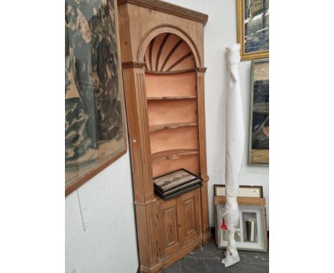 A PINE CORNER CUPBOARD WITH AN OPEN FOUR SHELF TOP.   W 97 x H 236cms.