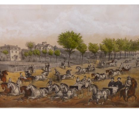 TROTTING CRACKS ON THE BRIGHTON ROAD (SCENE, MILE GROUND), 19TH CENTURY AMERICAN LITHOGRAPH WITH SOME HAND COLOURING, PUBLISH