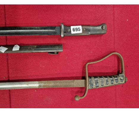 A WW I MAUSER BAYONET TOGETHER WITH GERMAN? DRESS SWORD AND AN ASSOCIATED SCABBARD.