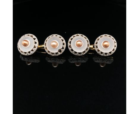 A PAIR OF CULTURED PEARL, DIAMOND AND CAMPHOR GLASS CUFFLINK / DRESS BUTTONS. EACH PAIR JOINED BY A DOG TOOTH CLASP. EACH BUT