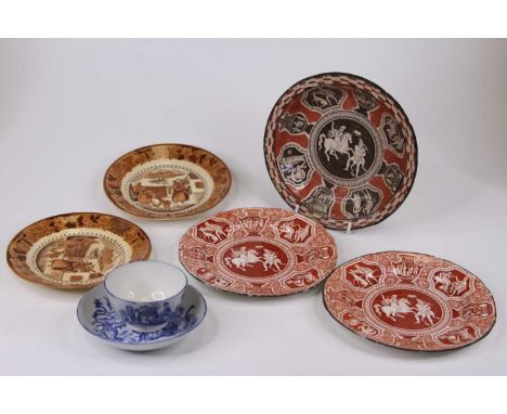 An 18th century Caughley tea bowl and saucer, together with five creamware plates