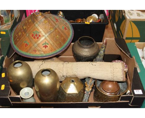 A collection of Asian items to include a pair of brass vases, and an enamel decorated trinket box