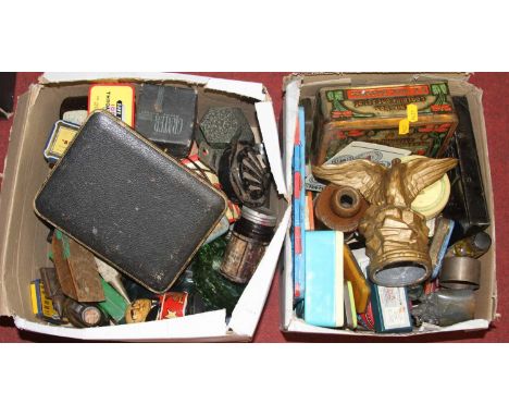 Two boxes of various items to include vintage tins, cased cutlery and glassware