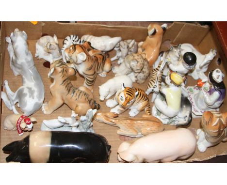 A box fo various pottery animal figures to include a Coopercraft Nao and Sizeler