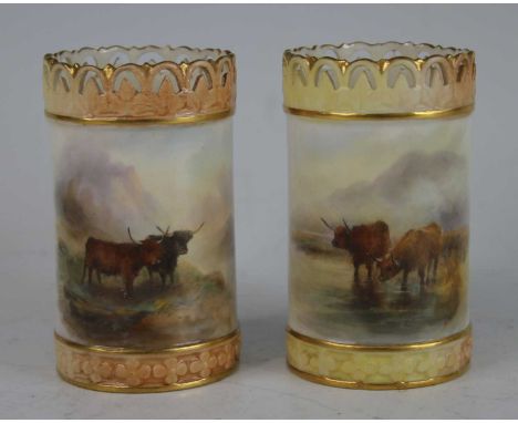 A pair of Royal Worcester vases, circa 1903, shape 689, each decorated with highland cattle and signed by Harry Stinton, gree