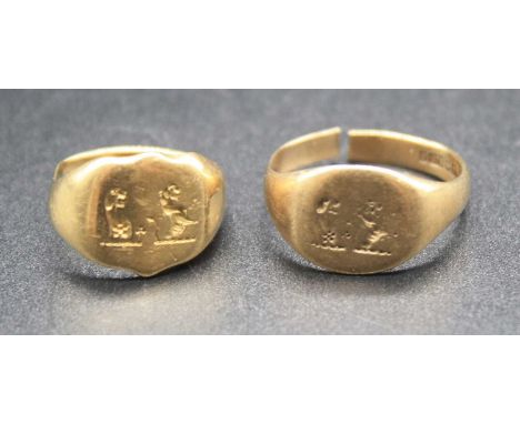 A gent's yellow metal signet ring, marks worn but tests as 18ct, 6.5g, size K; together with a gent's 9ct gold signet ring (c