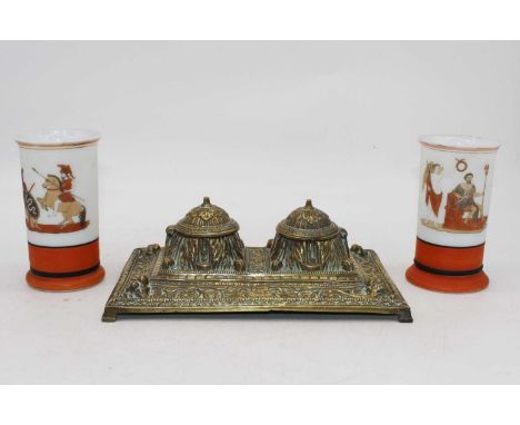 A pair of 19th century milk glass vases, decorated with classical figures, height 14cm, together with a Victorian brass doubl