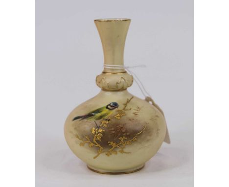 A circa 1908 Royal Worcester blush ivory specimen vase, shape No. G799, decorated with a bird, green mark verso, h. 13cm