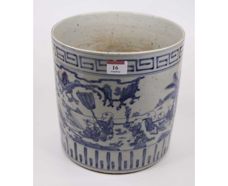 A Chinese blue &amp; white pottery jardiniere, decorated with figures in a garden, height 23cm