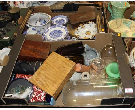 Two boxes of glassware and ceramics to include a Heathcote Scenery pattern part tea service, and a faience dish