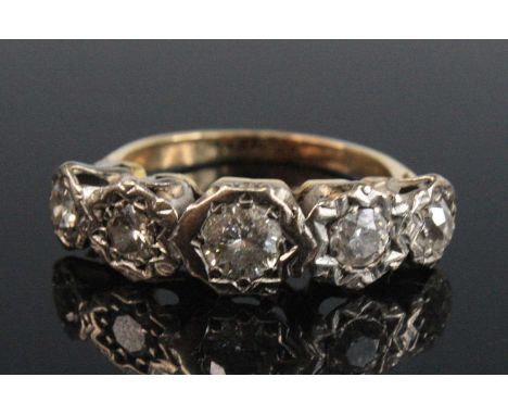 A yellow and white metal half hoop eternity ring, comprising four graduated round brilliant and one old cushion cut diamond, 
