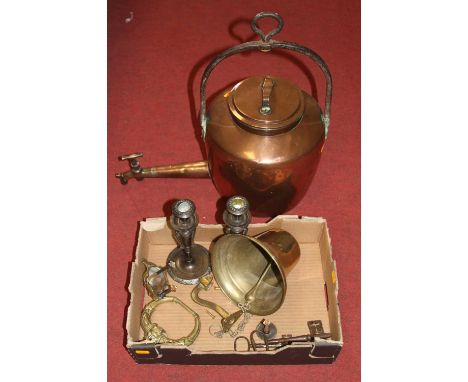 A Victorian copper kettle, having a cast iron handle, the spout fitted with tap; together with other metalware to include a b