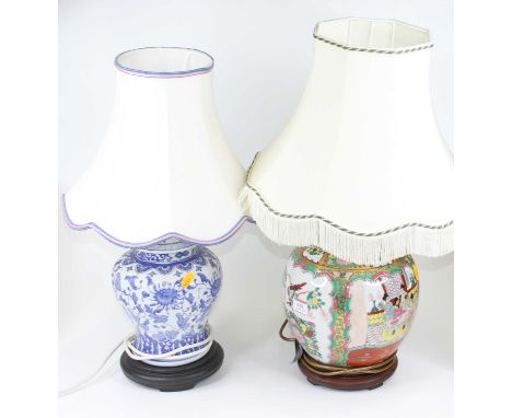 A Chinese Canton porcelain table lamp, height 58cm including shade, together with another similar (2)