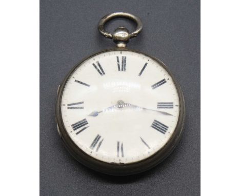 A  mid-Victorian silver cased gent's open faced pocket watch, having an unsigned white enamel Roman dial, the chain driven ve