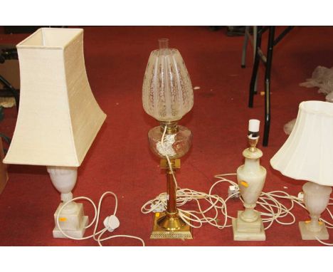 A Victorian oil lamp, having an etched frosted glass shade and moulded glass reservoir, brass column base, converted for elec