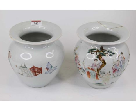 A pair of Chinese porcelain vases, of squat baluster form, having a flared rim, enamel decorated with figures, h.17cmOne has 