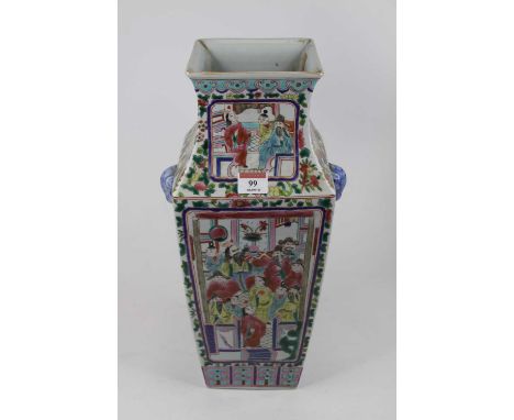 A Chinese Canton vase of tapered rectangular shape, enamel decorated with figures and flowers, height 42cm