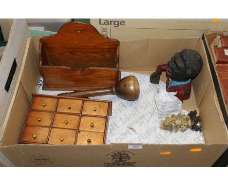 Miscellaneous items to include a vintage novelty moneybox, soapstone floral carving, and a stationery rack