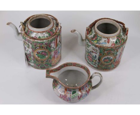 A Chinese Canton porcelain teapot, of circular shape, having a braided metal handle (lacking lid), h.16cm; together with anot