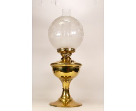 Lampe-National Rd.155641 Brass Oil Lamp with Duplex Burner. Frosted Glass Shade with Laurel Wreaths and Torches in relief. Ch