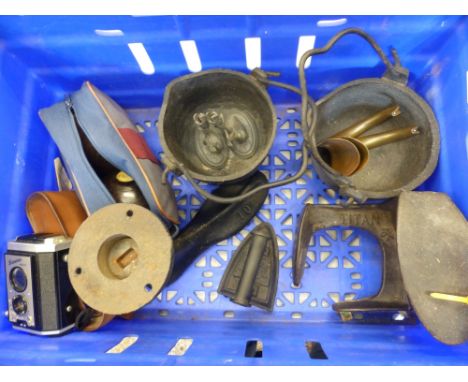 A mixed collection of metalware items to include cast iron shoe lasts, salter cast iron, iron. Kodak brownie reflex camera, a