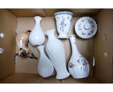 A Collection of Ceramics to include Royal Doulton Siamese Cat 2662, Spode Trapnell and three spiral fluted Wedgwood Vases. 