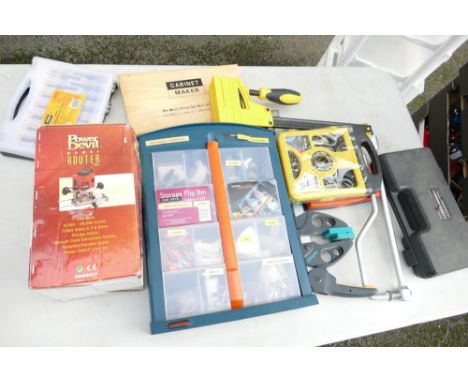 Collection of tools including power router tool, chisels, screwdrivers, clamps etc 
