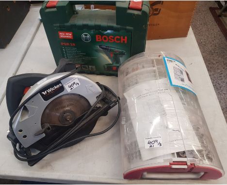 A collection of tools to include Bosch PSR18 cased impact driver, wicks circular saw &amp; rotary tool accessory set (3) 