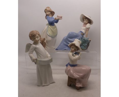 A group of four Nao figures to include a girl with a cake, girl with a bird, girl with a puppy and a damaged angel figure (4)