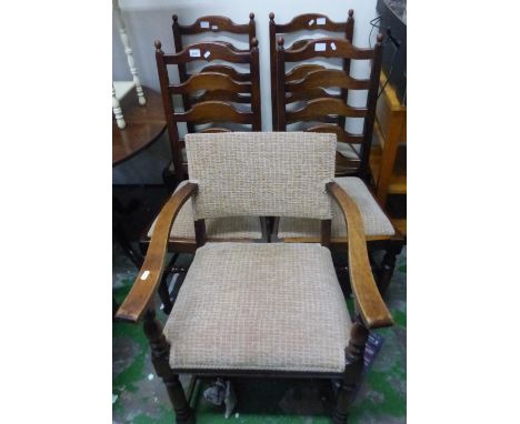 Set of 4 vintage solid Oak ladder back dining chairs together with 1 carver (5) 