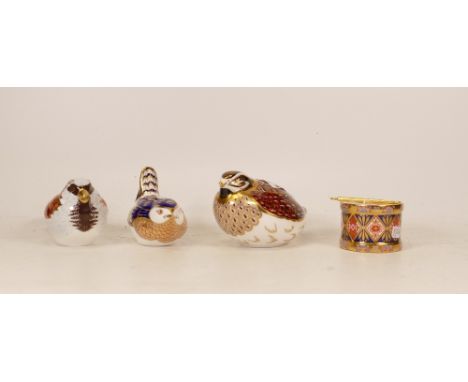 Three Royal Crown Derby Bird Paperweights to include House Sparrow, Wren and Dappled Quail (All Gold Stoppers) and a miniatur