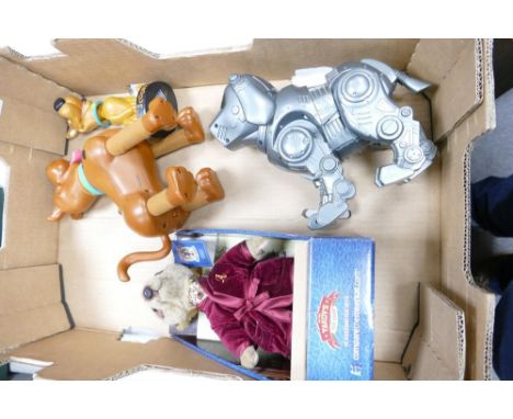 A mixed collection of item to include large talking Scooby Doo, similar head bobbler, Teksta K9 robot dog, Boxed yakov cuddly