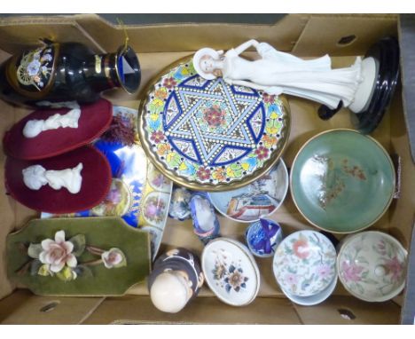 A Mixed Collection of Ceramic Items to include Capodimonte Velvet Backed Plaques, 24kt Gilt Vases and Dish, Goebel Monk Pot, 