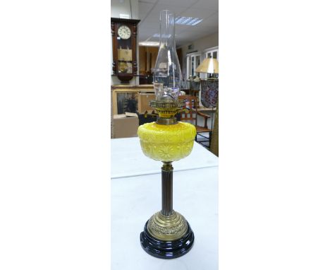 A 19th Century Brass Duplex Burner Oil Lamp on Earthenware Base. Fluted Brass Column with Yellow to White Milk Glass Reservoi