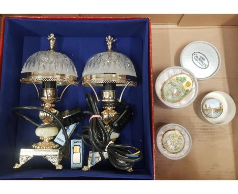 A mixed collection of items to include pair of brass and glass table lamps together with Two Crummles enamel boxes and simila