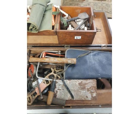 A carpenters tool chest and contents together with a small tool chest and various other hand tools 