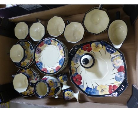 Royal Doulton 1930s pansy pattern tea set consisting of cake plate, teapot, 8 side plates,6 cups, 10 saucers, milk / sugar &a