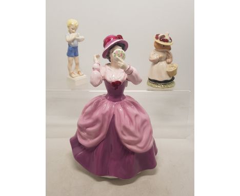 Three Ceramic Figures to include Royal Doulton Lady Pamela HN 2718 seconds, Lady Woodmouse D BH 5 and a Royal Worcester Old F