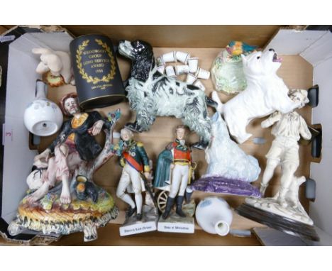 A Mixed Collection of Ceramic Items to include Wedgwood Long Service Award Tankard, Capodimonte Style Figures, Thimbles etc. 
