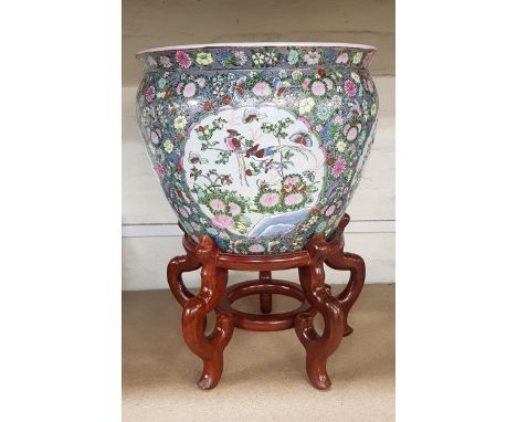 Large Chinese Famille Goldfish Bowl Style Planter on Stand. Height incl. stand: 50cm 