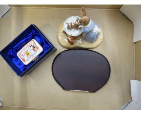 Bathtime Bunnykins DB241 Limited Edition on Wooden Plinth together with Bunnykins Celebrate the millenium enamel box (2) 