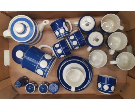 T G Green coffee/tea ware items to include 9 cups, milk jug, sugar bowl, condiment set, 1 side plate, 2 saucers, large lidded