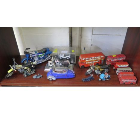 A Revell Messerschmitt, lithograph tin toy Routemaster, diecast motorcycles and buses (16) 