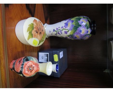 Jeanette M'Call creamy hibiscus vase with gold logo to base, 20 cm high, an Old Tupton ware mini vase in box, another similar