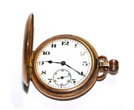 A gold plated gentleman's full hunter pocket watch, with white enamel dial and Arabic numerals 