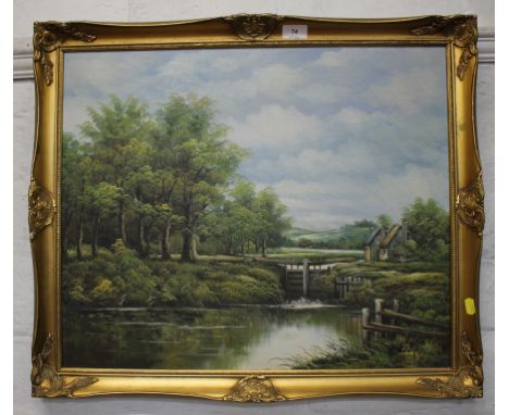 K. King A country landscape with lock gate and cottages oil on canvas 49.5 x 59.5cm