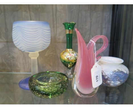 Five pieces of assorted glass including a cased pink/white Murano pitcher vase, 16 cm high and a Bohemian Czech vase with ena