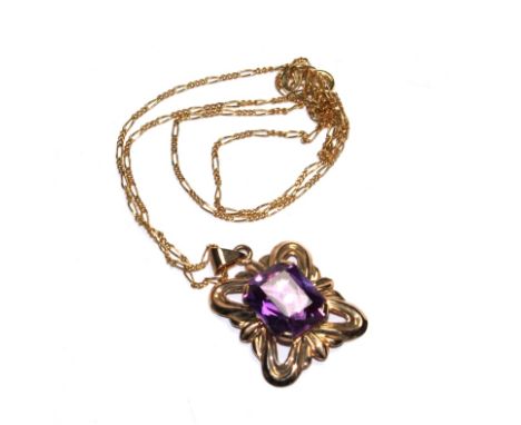 A 14 carat gold amethyst pendant, on gold neck chain 