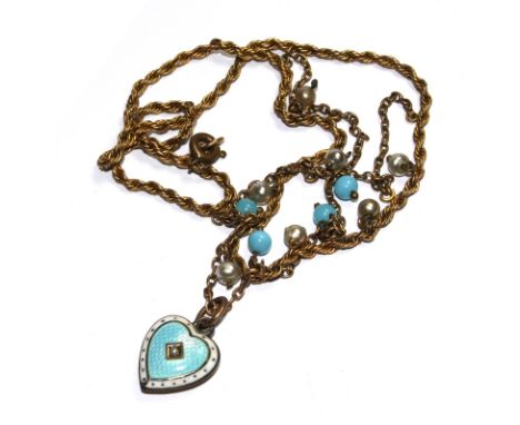 A costume jewellery necklace with a blue enamel heart pendant 